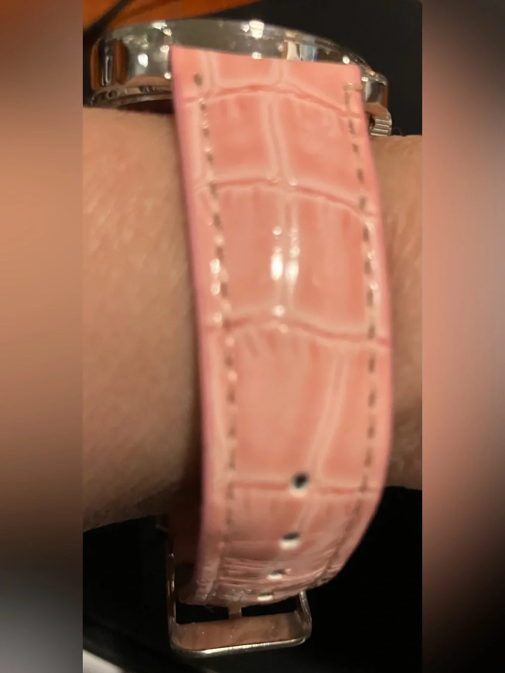 NEA Manhattan by Croton Pink Leather Band Crystal Accent Wristwatch Women’s
